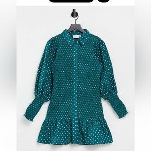 Shirred hem spot green dress